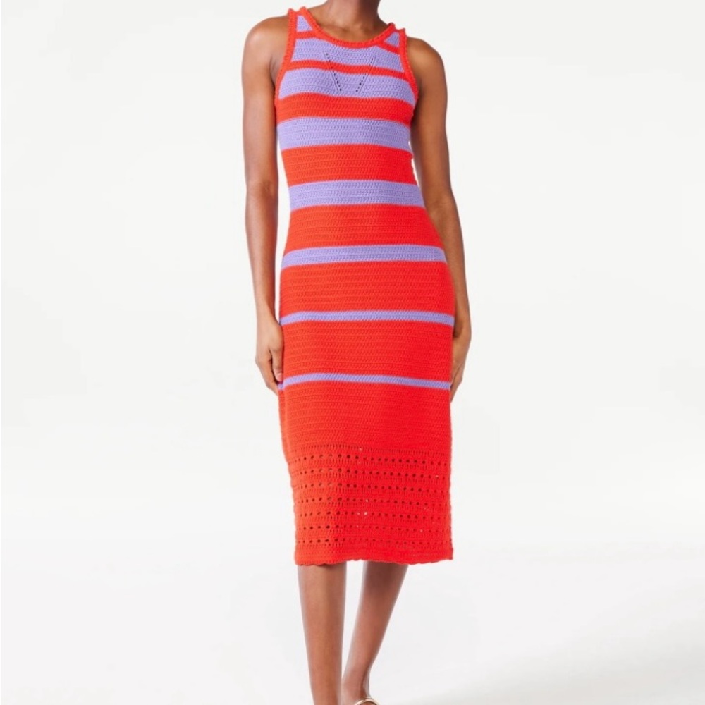 SCOOP Women’s Striped Crochet Dress, Mid-Calf Length, Small (4-6)